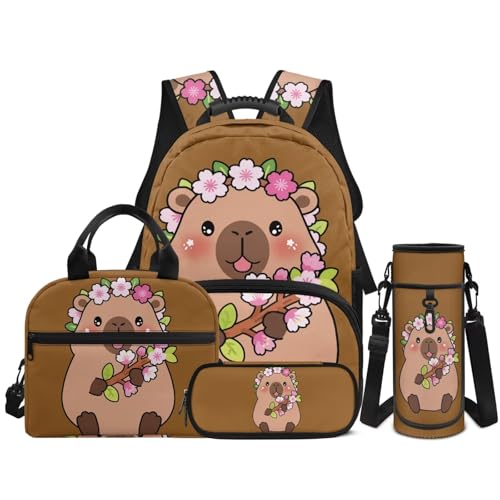 4 PCS Backpacks for Kids Capybara Backpack School Bag with Reusable Lunch Box Water Bottle Carrier Bag Pencil Case Set Preschool Kindergarten - color: Capybara Print