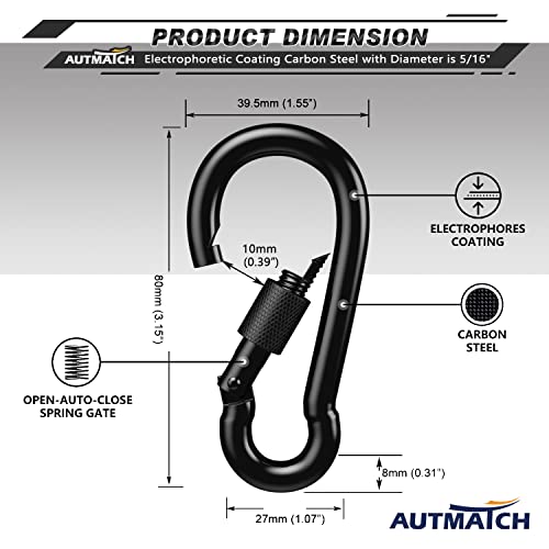 AUTMATCH Carabiner Clips, 3" Spring Snap Hook Caribeener Clips Buckle Pack Grade Heavy Duty Carabiners Quick Link for Camping, Fishing, Hiking, Traveling, 4 Pack - style: Carbon Steel - Locking Black