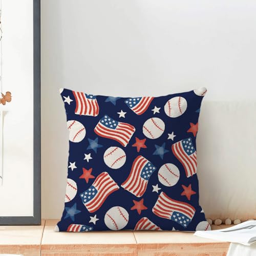 4th of July Pillow Covers 16x16 Inch 2pcs Patriotic Baseball American Flags Navy Blue Throw Pillows Red Blue Stars Independence Day Pillowcase Outdoor Decorative Linen Cushion Covers for Sofa Couch - color: Baseball American Flag, size: 16" x 16" (Pack of