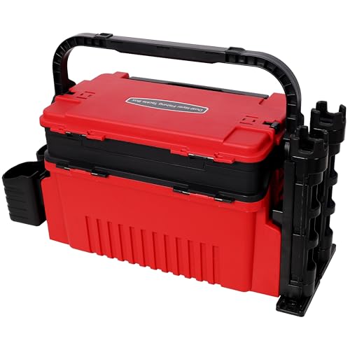 Dual-layer Fishing Tackle Box, Tackle Box Organizer Fishing Box Large, Plastic Portable Tackle Storage Box with 2pcs Rod Holder, 2pcs Cup Holder, 1pc Carring Strap - color: Red