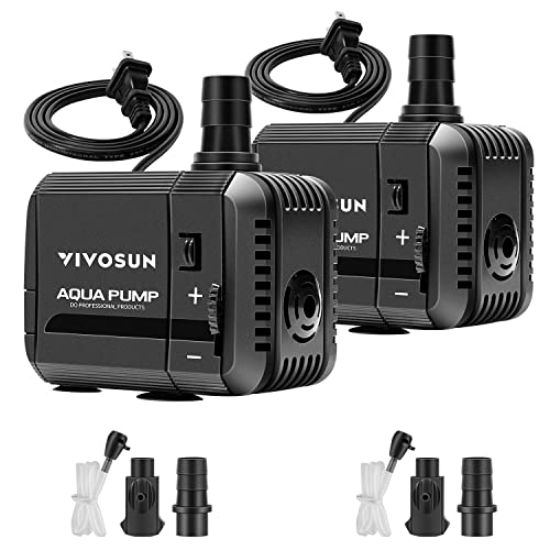VIVOSUN 2-pack 210GPH Submersible Pump(800L/H, 8W), Ultra Quiet Water Pump with 3.3ft High Lift, Fountain Pump with 5ft Power Cord, 2 Nozzles for Fish Tank, Pond, Aquarium, Statuary, Hydroponics - size: 6"×5"-210-2-pack