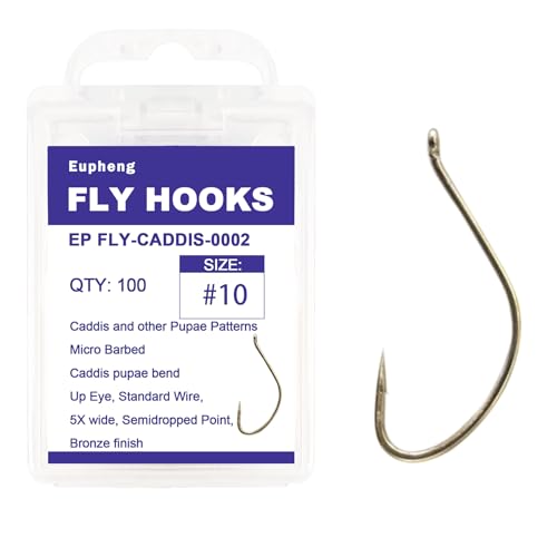 Eupheng Fly Fishing Hooks 100pc Pack Micro Barbed High Carbon Steel Bronze Forged for Dry Flies, Curved Nymphs, Shrimp,Caddis Pupa - color: EP FLY-CADDIS-0002, size: #10