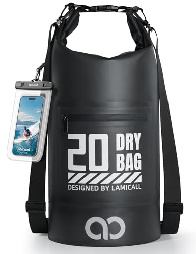 Lamicall Waterproof Dry Bag with Phone Pouch - 5L/10L/20L/30L/40L Floating Roll Top Backpack for Kayaking Boating Beach Camping Fishing - Heavy Duty 500D PVC Marine Dry Sack for Men, Women, Black 20L - color: Black, size: 20L