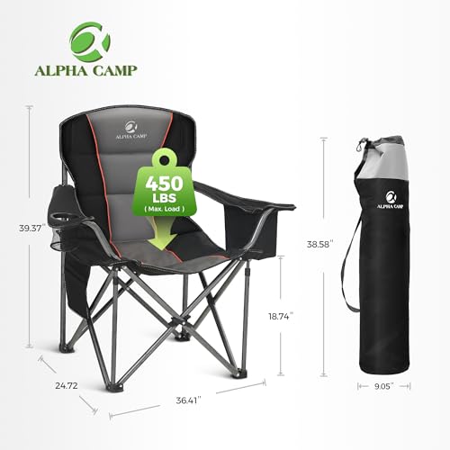 ALPHA CAMP Oversized Camping Chairs 500 LBS Capacity Fully Padded Heavy Duty Lawn Chair for Heavy People, Portable Outdoor Chair with Cooler Bag & Cup Holder for Camping, Fishing, Beach,2PC - color: Black