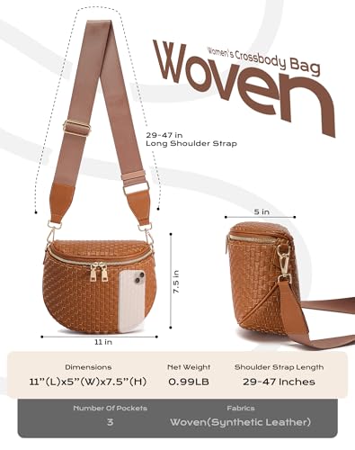 Trendy Woven Checkered Crossbody Bum Bag for Women，PU Leather Checkered Purse Fanny Packs Belt Bag (Woven Bum Bag - Pure Brown) - color: Woven Bum Bag - Pure Brown