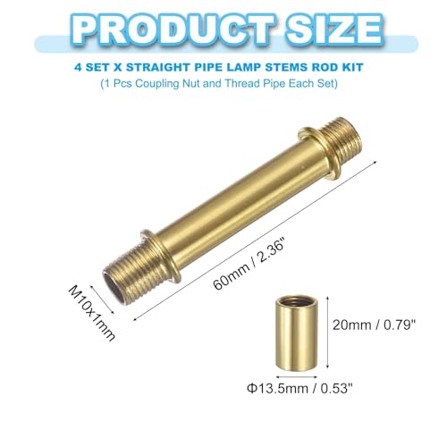 PATIKIL Straight Pipe Lamp Stems Rod Kit, 4 Set M10 Carbon Steel 60mm(2.36") Long Double End Thread Rod with Coupling Nuts Sleeve Connector for Table Lamps Chandeliers,Copper - color: Copper, size: 60mm(2.36")