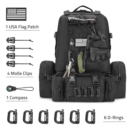 CVLIFE 60L Tactical Backpack for Men Women Military Large Army Rucksack With D-Ring Molle Clips Compass Accessories 3 Day Bug Out Survival Molle Bag Hiking Camping Gym Daypack Backpacks,Black | 3 Day Bug Out Survival Molle Bag, D-Ring Clips & Compass Acce