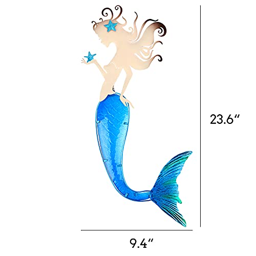 John's Studio Mermaid Wall Decor Outdoor Metal Fish Bathroom Hanging Art Glass Blue Ocean Theme Decorations for Home, Pool and Patio - color: Mermaid