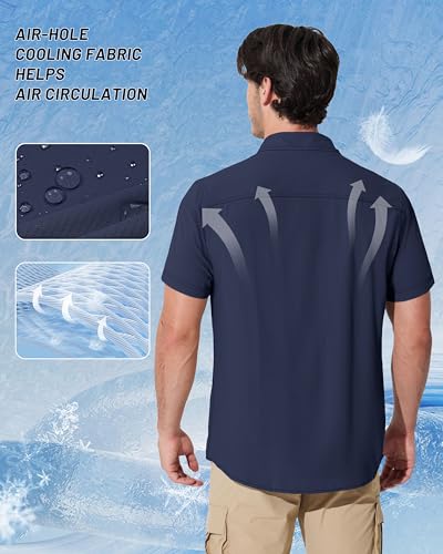 MAGCOMSEN Men's Fishing Shirts UPF 50+ Short Sleeve Sun Protection Shirts Quick Dry Cooling Button Down Shirt Hiking Safari - color: Navy, size: Medium