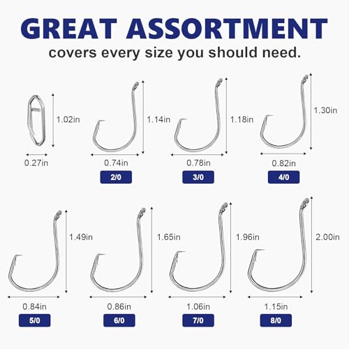 UCEC Circle Hooks Fishing Hooks 2X Strong Offset Circle Hooks Saltwater Black High Carbon Steel Octopus Catfish Hooks Fishing Gear Tackle 150pcs/ 240pcs - Size:#1 1/0 2/0 3/0 4/0 5/0 6/0 8/0 - color: Silver Assortment, size: 160+30pcs Clips 2/0 3/0 4/0 5/