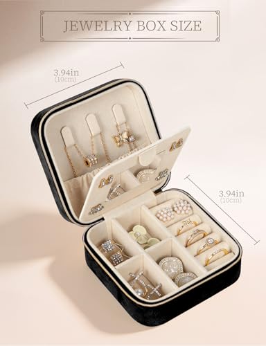 MFXIP Plush Velvet Travel Jewelry Case Small Jewelry Box Jewelry Organizer Storage Case Portable Jewelry Travel Case for Girls Womens Earring, Necklace, Rings,Bracelets with Mirror - color: Dark Black