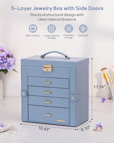 Homde Synthetic Leather Huge Jewelry Box Mirrored Watch Organizer Necklace Ring Earring Storage Lockable Gift Case (Grey Blue + Gold) - color: Grey Blue + Gold
