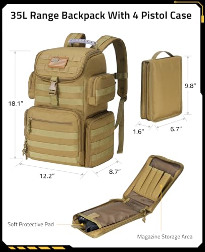 CVLIFE Tactical Range Backpack with Removable Divider, Gun Cases Bag with 4 Pistol Carrying Cases, Rucksack for Shooting (Tan, Medium) - color: Tan