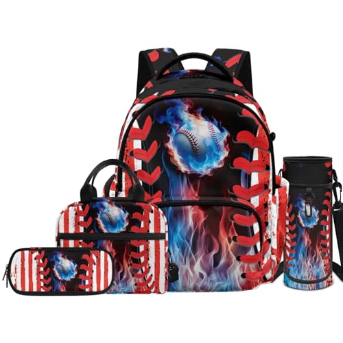Baseball Backpack 4 Pieces American Flag School Backpack with Lunch Bag Handbag Pencil Case Water Bottle Sling Bag Elementary Middle Rucksack Travel Bookbag - color: Baseball