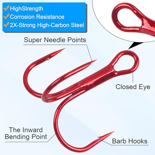 Fishing Treble Hooks Kit 90pcs High Carbon Steel Strong Sharp Round Bend Red Treble Fishing Hooks for Catfish Trout Hard Baits Lures Saltwater Freshwater, Size 2# 4# 6# 8# 10#