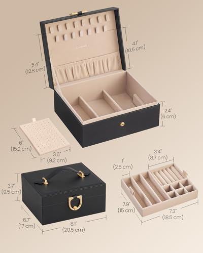 SONGMICS 2-Layer Jewelry Box Organizer, Jewelry Storage Case with Removable Tray and Handle, for Necklaces, Earrings, Rings, Bracelets, 6.7 x 8.1 x 3.7 Inches, Gift Idea, Black UJBC208BZ01S - color: Black