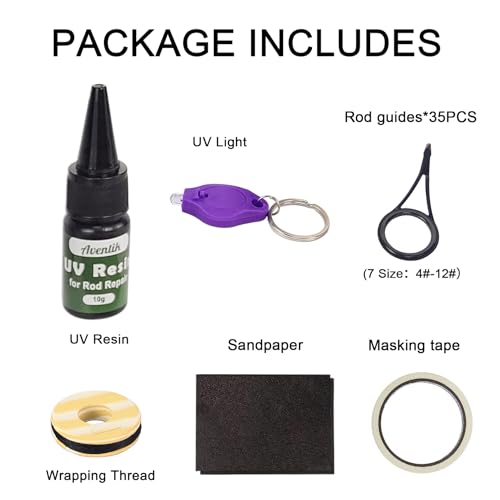 Aventik Fishing Rod Repair Kit Complete with Rod Building Supplies, 7 Sizes 35pcs Stainless Guides, Glue, Rod Guides Replacement Kit, Fishing Pole Eyelets Replacement for Spinning Rod - style: Small-UV glue repair KIT