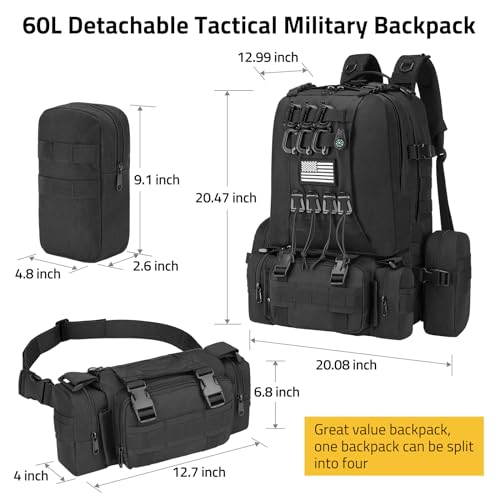 CVLIFE 60L Tactical Backpack for Men Women Military Large Army Rucksack With D-Ring Molle Clips Compass Accessories 3 Day Bug Out Survival Molle Bag Hiking Camping Gym Daypack Backpacks,Black | 3 Day Bug Out Survival Molle Bag, D-Ring Clips & Compass Acce