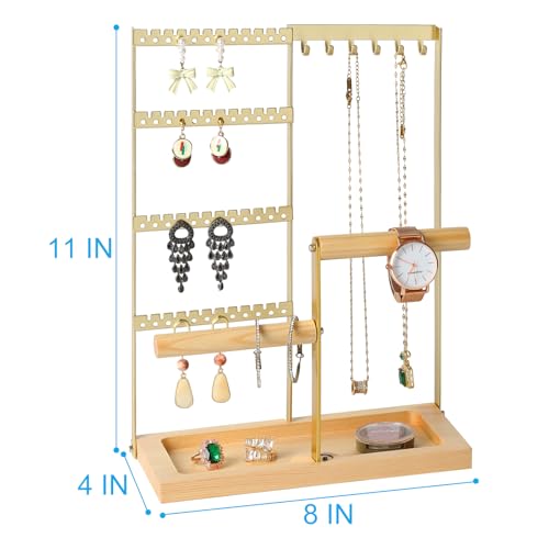 Jewelry Organizer Stand, Jewelry Holder, Lengnoy 4 Tier Earring Holder with 48 Holes and 6 Hooks Necklace Organizer Wood Box for Necklace Bracelet Earring Ring, Gold - color: Gold, size: 11 IN
