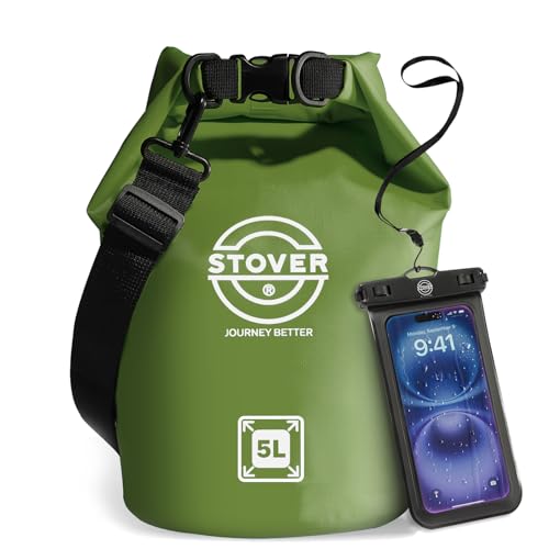 STOVER 5/10/25/30/40/55L Waterproof Dry Bag, Small Lightweight Roll Top Dry Bag Backpack w/Waterproof Phone Case, Kayaking, Travel, Hiking, Fishing, Tubing, Camping, the Beach, Men/Women (Green) - color: 5l Green, size: 5L