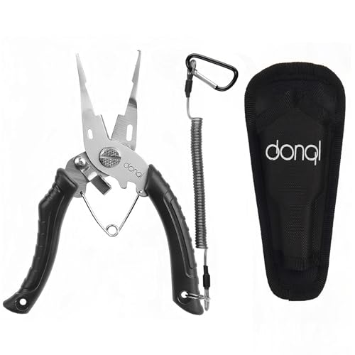 DONQL Fishing Pliers, Stainless Steel Fish Hook Remover Tool, Fishing Split Ring Pliers, Line Cutter Crimper, Fishing Gear for Saltwater Freshwater with Lanyard Sheath