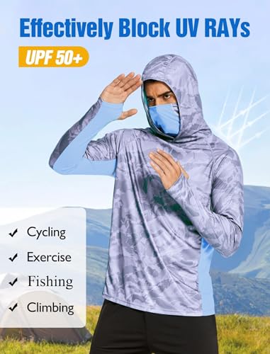COOrun Men's Hooded Sun Shirts with Mask Fishing Shirts for Men Long Sleeve UPF 50 Rash Guards Cooling Hoodies Hiking Shirts - color: Dark Grey, size: Small