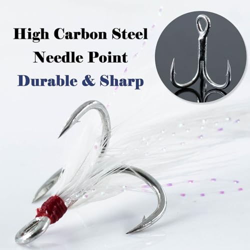 FishTrip Feathered Treble Hooks Fishing, 15Pcs Dressed Treble Hook Size 10 8 6 4 2 for Fishing Spoons Spinner Crankbait Jerkbait - size: 8#_15pcs