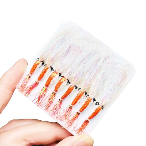 8Pc Bionics Crystal Flash Silk Shrimp Artificial Lures Fly Fishing Flies Saltwater Freshwater Bait Fishing for Bass Trout Salmon Hook Size #6 - color: Red