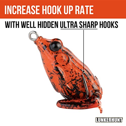 LUNKERHUNT Frog Lure for Bass Fishing | Pocket Frog Fishing Lure 1.75 Inch | Topwater Fishing Lures, Soft Hollow Body, Weedless Hooks for Trout, Pike in Saltwater and Fresh Water - style: Fire Belly
