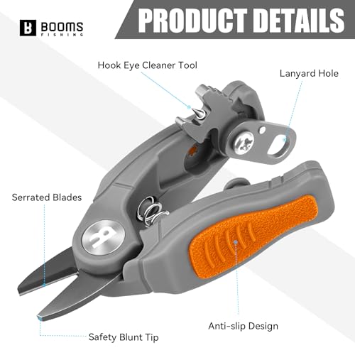 Booms Fishing Line Cutter with Retractor: Mini Fishing Scissors for Braided Momo Fluoro Line - Braid Scissors Saltwater with Hook Eye Cleaner - Serrated Shears with Locking Feature, FR1 Orange - color: Orange