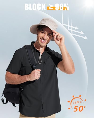 MAGCOMSEN Men's Fishing Shirts UPF 50+ Short Sleeve Sun Protection Shirts Quick Dry Cooling Button Down Shirt Hiking Safari - color: Black, size: Large