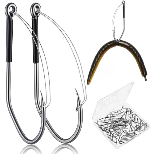 70 Pcs Weedless Wacky Rig Hooks Professional V Bass Fishing Worm Hooks Carbon Steel Fishing Lure Baits for Freshwater Saltwater - size: 1/0
