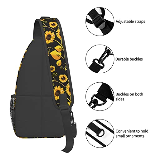 Sunflower Sling Bag Crossbody Backpack for Men Women Seamless Sunflower Leaves Yellow Flowers on Black Background Chest Bag Adjustable Casual Shoulder Backpack Travel Hiking Daypack - color: Yellow Sunflower Leaves