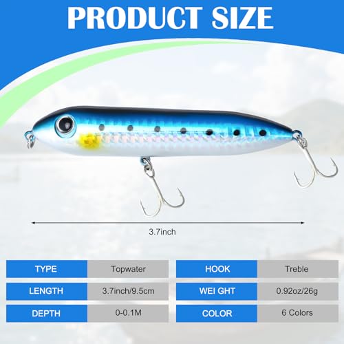 6 Pcs Topwater Fishing Lure, Top Water Lures for Saltwater and Freshwater, Rattling Line Float Lure, Pencil-Shaped Lures Simulated Fishing Hooks 0.46 oz, for Catfish Bass, Mullet