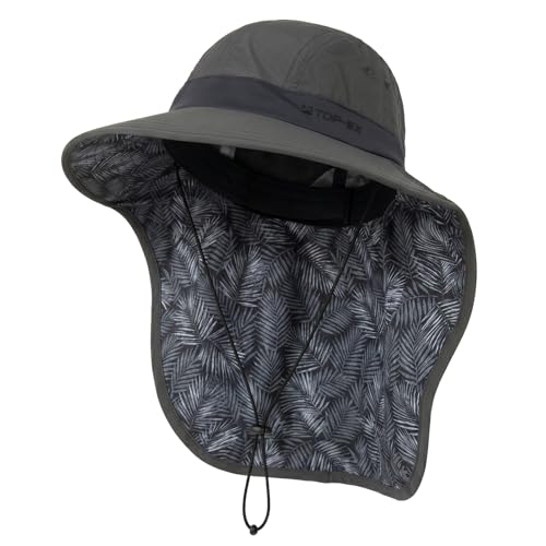 TOP-EX Cooling Sun Hat with Neck Flap – UPF 50+ Wide Brim Breathable Hat for Hiking, Fishing & Big Heads - color: Dark Grey - Tropical Palm, size: Large-X-Large