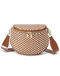 Trendy Woven Checkered Crossbody Bum Bag for Women，PU Leather Checkered Purse Fanny Packs Belt Bag (Woven Bum Bag - Brown White) - color: Woven Bum Bag - Brown White