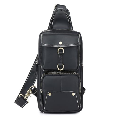 Genuine Leather Sling Bag for Men Women Shoulder Backpack Satchel Crossbody Chest Casual Outdoor Daypack - color: #03black