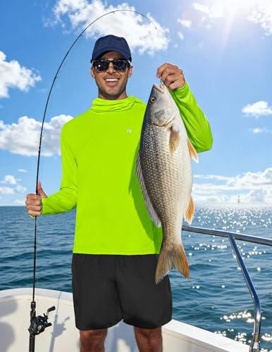 PINSPARK UPF 50+ Sun Protection Hoodie Men with Mask Quick Dry Long Sleeve Fishing Hiking Shirts UV Rash Guard Lightweight - color: Lemon Green, size: Medium