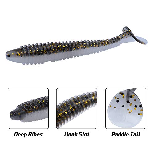 RUNCL Swimbaits Paddle 10/20/30/40PCS, 5/4/3/2 Inchs Paddle Tail, Soft Lure for Trout Crappie Bass, Durable Plastic Bait Swimmer for Saltwater/Freshwater, Fishing Lover's Gift - color: Black Gold, size: 4in, 20pcs