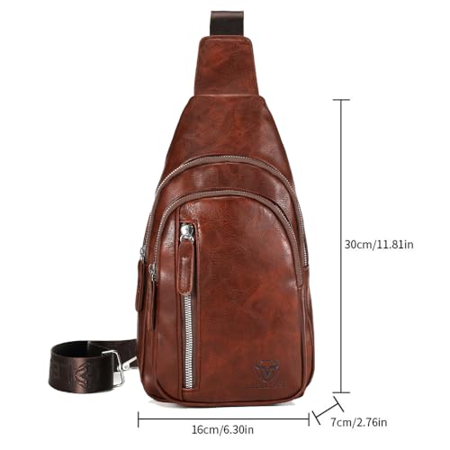 Crossbody Bags for Men Leather Sling Bags Mens Chest Bag Backpack Travel Hiking Fishing Outdoor Sports - color: Dark Brown
