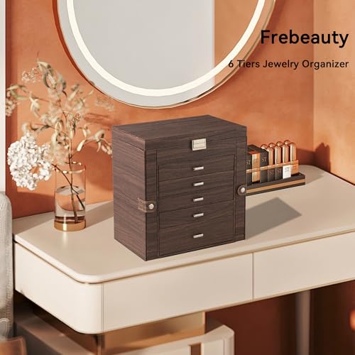 Frebeauty Large Jewelry Box,6-Tier PU Leather Jewelry Organizer,Multi-functional Storage Case with Mirror,Accessories Holder with 5 Drawers for Necklace Bracelets Watches(Tree Brown) - color: Tree Brown, size: Large