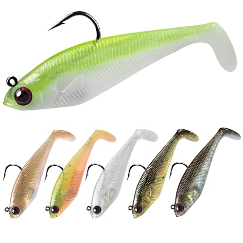 Pre-Rigged Soft Fishing Lures with Weedless Hook, Lifelike Paddle Tail Swimbaits for Bass Fishing, Freshwater & Saltwater Curly Type Tail Soft Plastic Baits for Bass, Pike, Trout, and Walleye. - color: A-2"-0.16oz