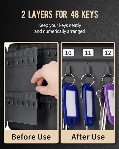 Uniclife 48-Key Steel Key Cabinet with 2 Unlocking Keys Wall Mounted Key Organizer Black Frosted Security Box with Hooks and Key Tag Labels Identifiers in 9 Assorted Colors - color: Black, size: 48-Key