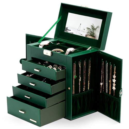 Homde Synthetic Leather Huge Jewelry Box Mirrored Watch Organizer Necklace Ring Earring Storage Lockable Gift Case (Forest Green + Gold) - color: Forest Green + Gold
