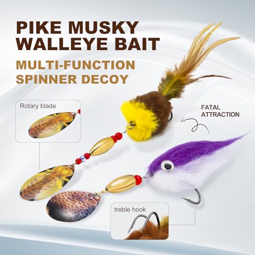 Pike Musky Walleye Fishing Lure Spinnerbait with Feathered Hooks Rooster Tail Fishing Lures Spoon Lures Baits with Tackle Box - color: Style B-Blue