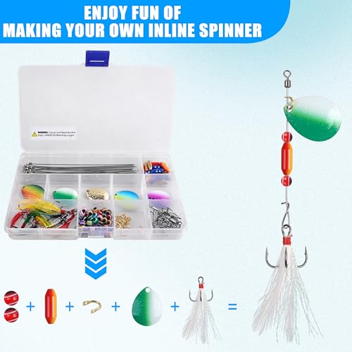 195pcs Spinner Making Kit Fishing Lure Making Kit Spinnerbaits Spinner Blade Clevis Feather Treble Hooks DIY Make Your Own Lure Set for Bass Trout Walleye Lures Fishing Gifts
