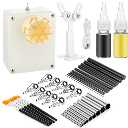 39 Pcs Fishing Rod Repair Kit, Include Fishing Rod Wrapping Winding Machine Rotator Set, 10 Top Guides 10 Repair Tubes 10 Carbon Fiber Inserts 2 Epoxy Glue 5 Paintbrush Rods Building Tool