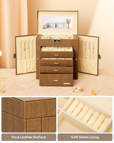 Homde Synthetic Leather Huge Jewelry Box Mirrored Watch Organizer Necklace Ring Earring Storage Lockable Gift Case (Brown + Gold) - color: Brown + Gold