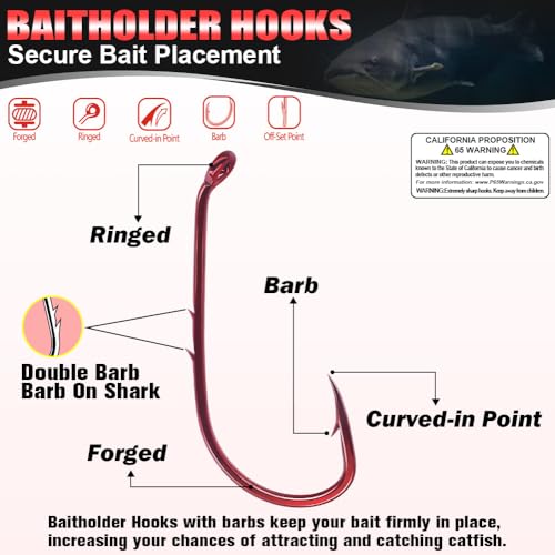 Baitholder Fishing Hooks 100 Pack - Double-Barbed Long Shank for Bluegill Bass Trout Walleye Black/Red, 8/0-#8 - color: 1-Red, size: Size:6 100-Pack
