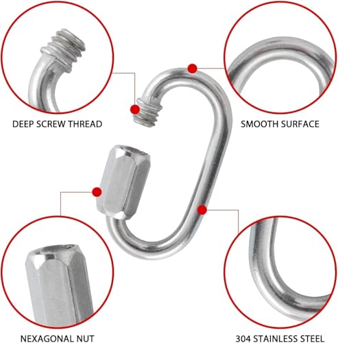 HOME MASTER HARDWARE 304 Stainless Steel D-Shaped Quick Link - 10 Pack 3/16", Threaded Small Locking Carabiner Chain Connector - size: 3/16in，10pack